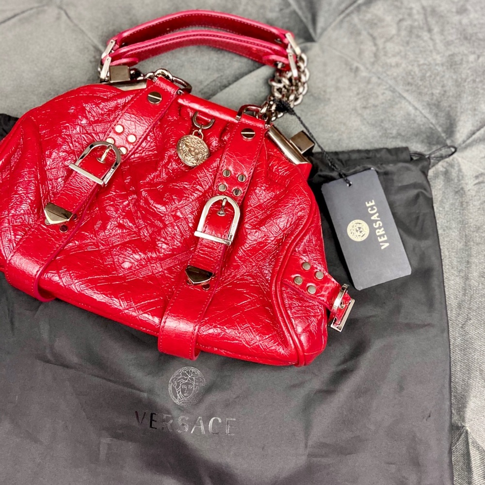 🆕 Authentic Versace Red/Gold Leather Satchel